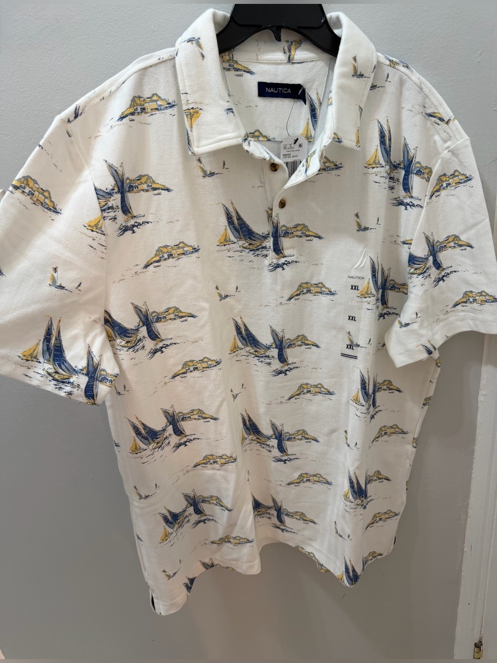 NWT Nautica White Polo with Blue and Yellow Sailboat Print